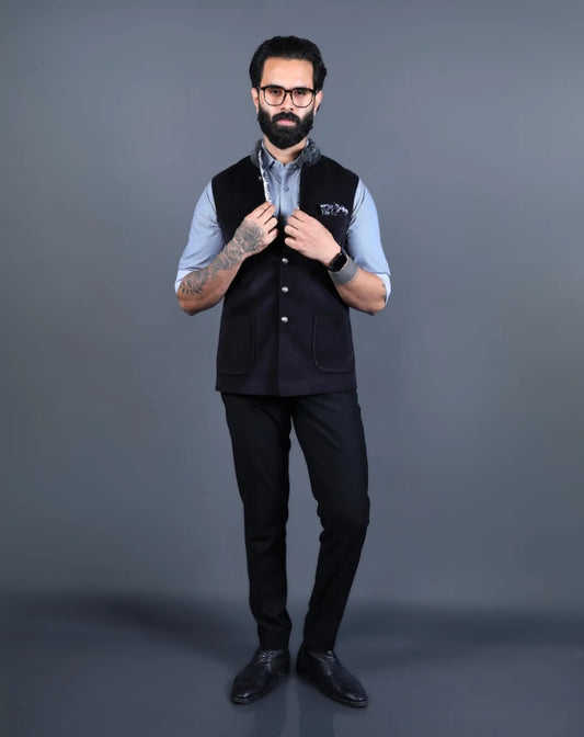Men’s black Nehru jacket front view