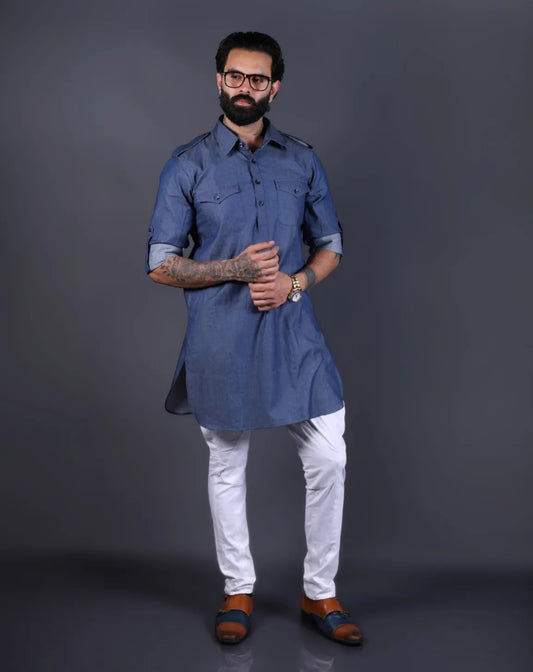 Blue Denim Pathani Kurta Set