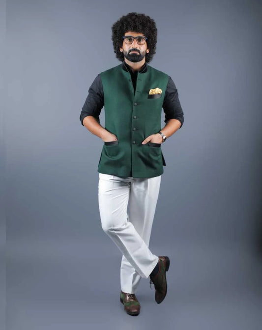 Men’s forest green Nehru jacket with pocket square – front view