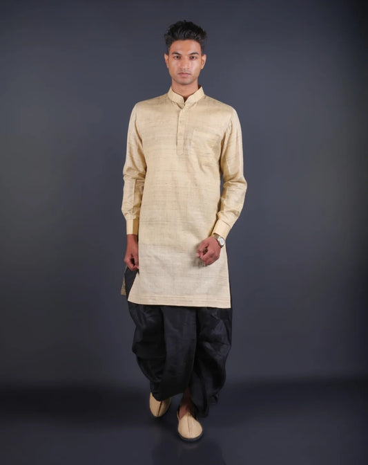 Gold Tussar Silk Kurta with Black Dhoti Set