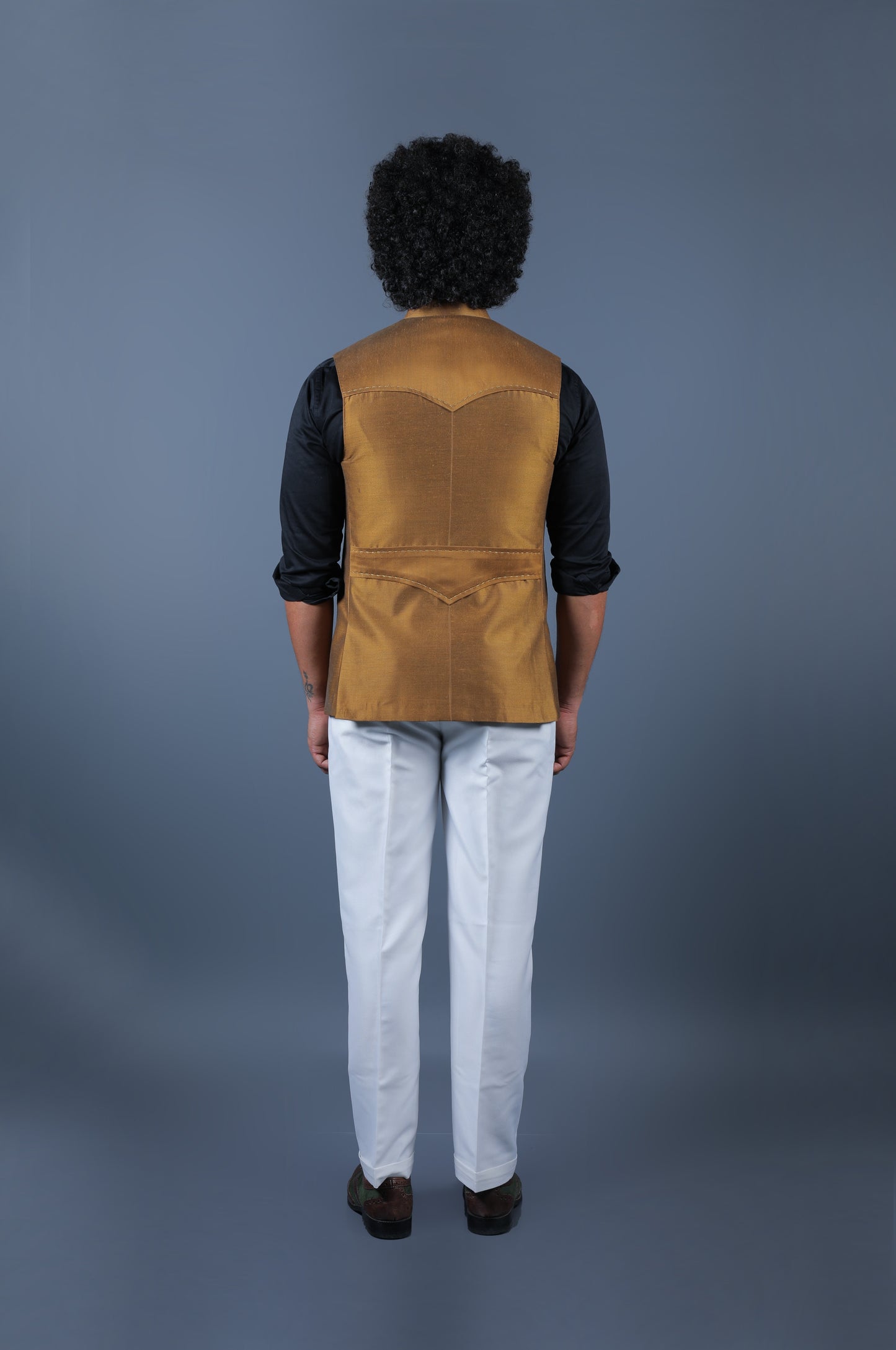 Back view of a premium men's mustard colored Nehru jacket