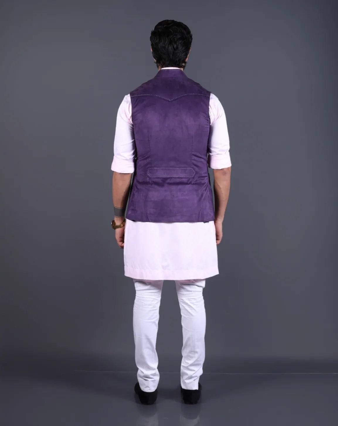 Back view of a stylish purple suede Nehru jacket for weddings