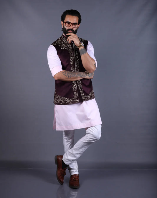 Wine embroidered Nehru Jacket for Men front look