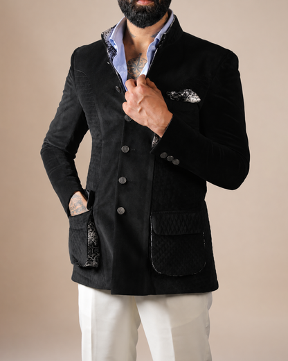 Black Suede Quilted Bandhgala Set