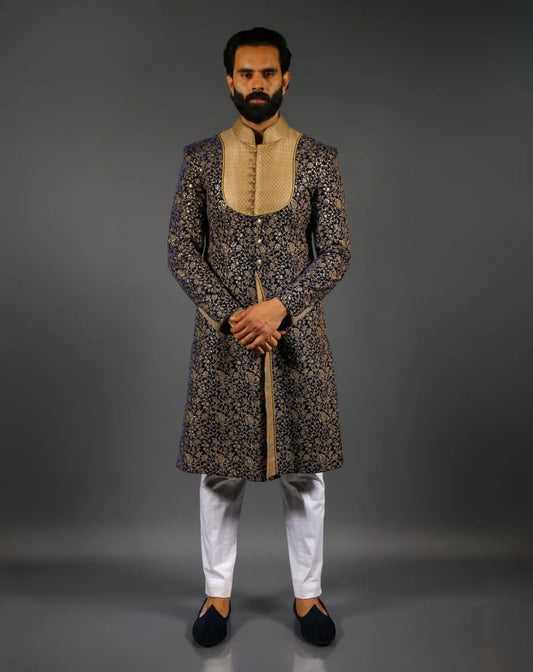 Navy Blue Gold Embroidered Sherwani