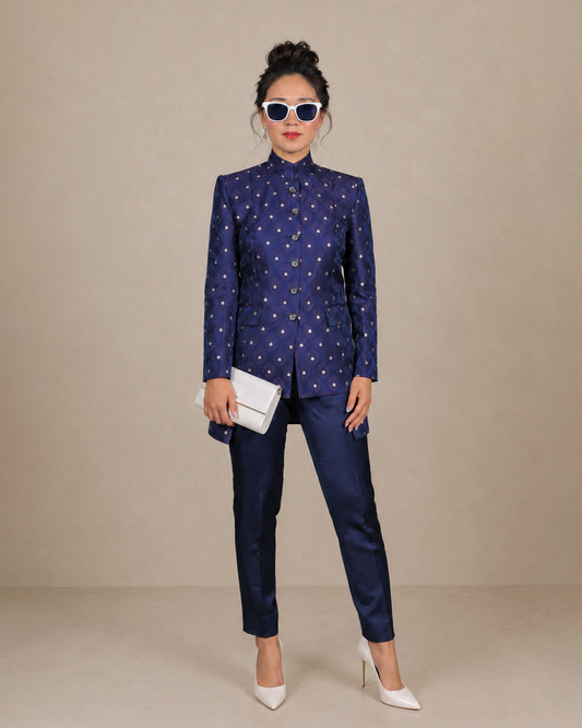 Navy Blue Silk Brocade Bandhgala Suit