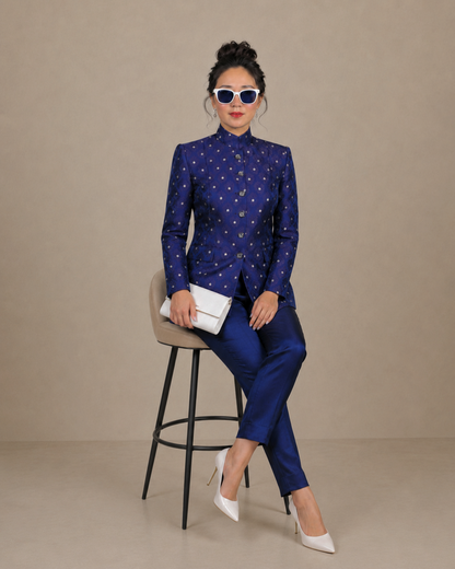 Navy Blue Silk Brocade Bandhgala Suit