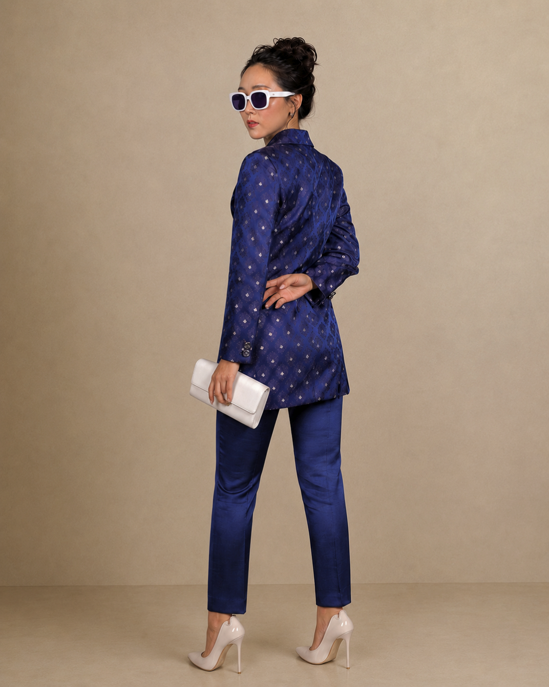 Navy Blue Silk Brocade Bandhgala Suit