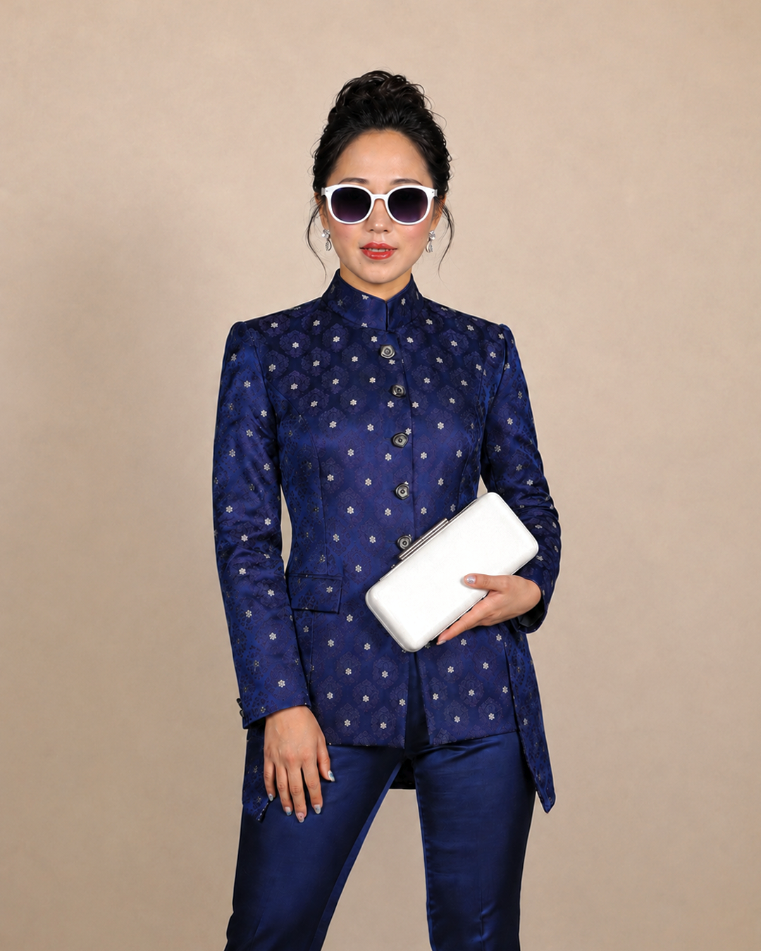 Navy Blue Silk Brocade Bandhgala Suit