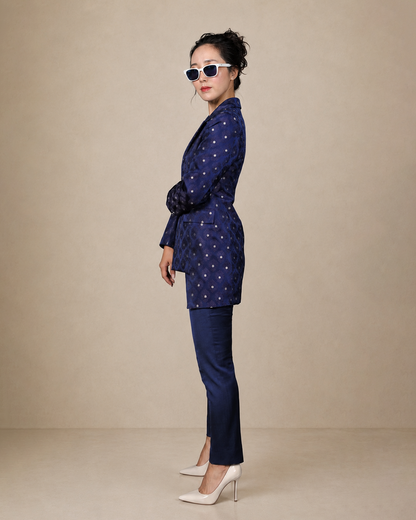 Navy Blue Silk Brocade Bandhgala Suit