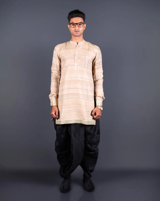 Beige Silk Kurta with Black Dhoti