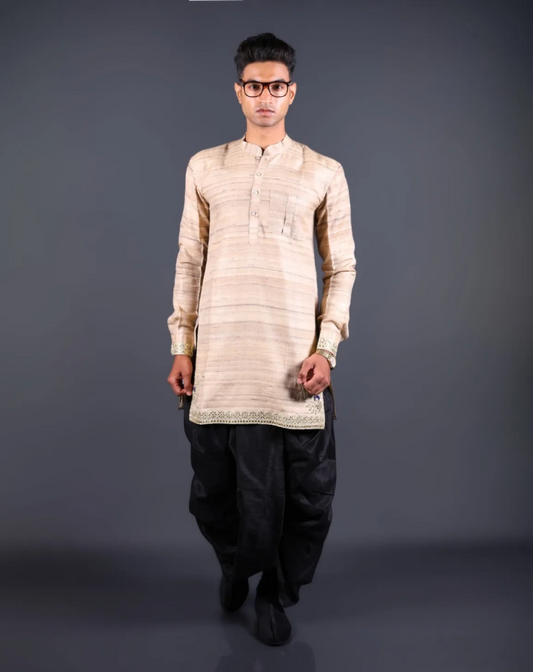 Beige Silk Kurta with Black Dhoti