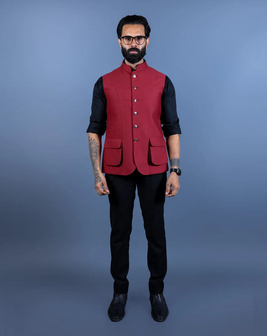 Men’s maroon Nehru jacket with buttoned pockets – front view