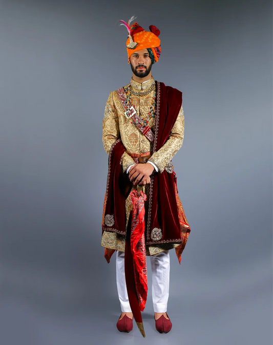 Gold Brocade Embroidered Sherwani
