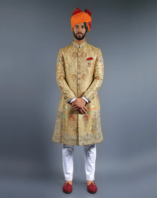 Gold Brocade Embroidered Sherwani
