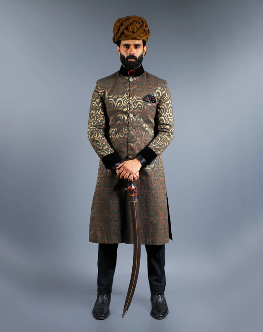 Brown Golden Brocade Sherwani