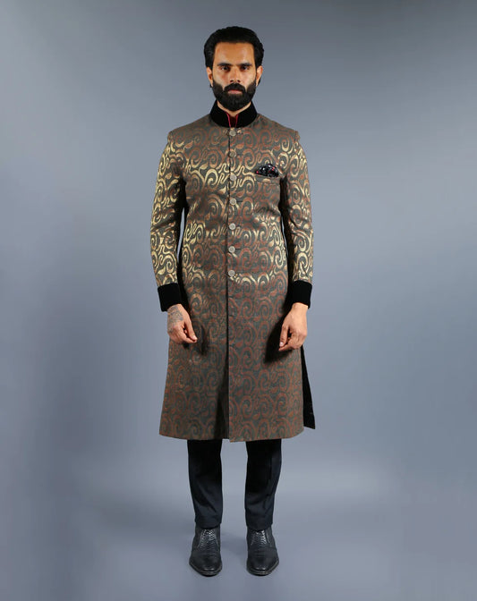Brown Golden Brocade Sherwani