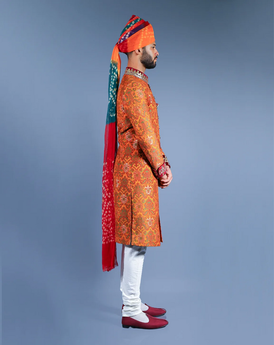 Orange Jacquard Silk Sherwani