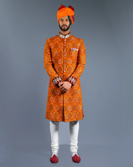 Orange Jacquard Silk Sherwani