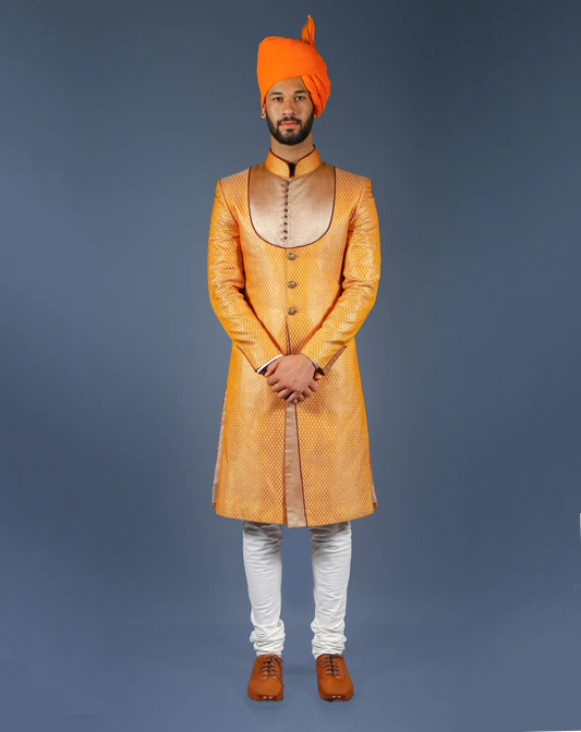 Orange Brocade Sherwani with Gold Detail