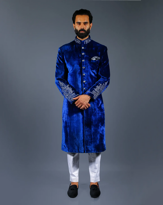 Royal Blue Velvet Embroidered Sherwani