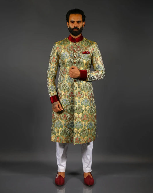 Regal Mint Green Banarasi Silk Floral Sherwani