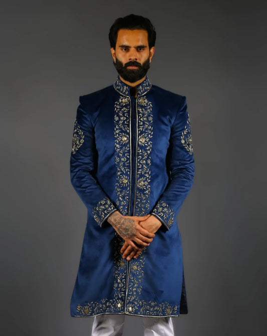 Royal Blue Velvet Embroidered Sherwani