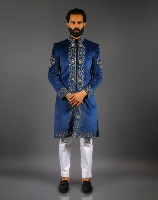 Royal Blue Velvet Embroidered Sherwani