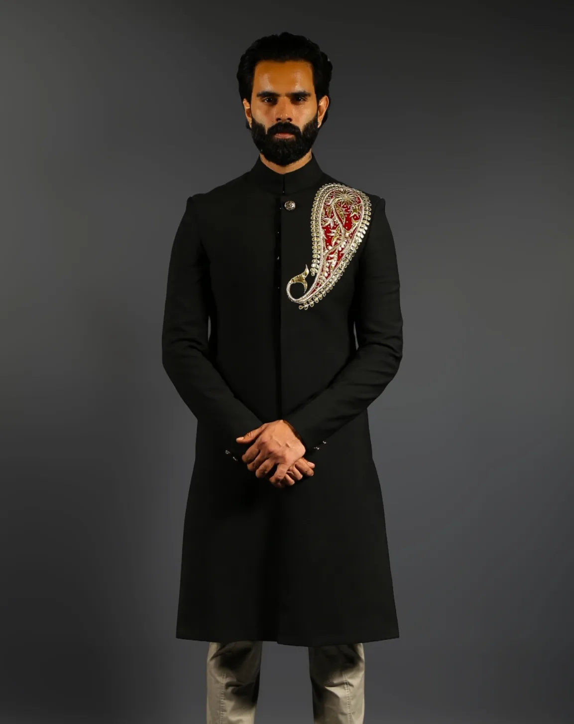 Black Embroidered Achkan Sherwani