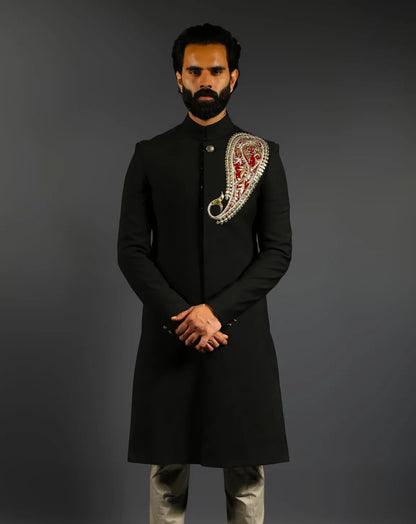 Black Embroidered Achkan Sherwani