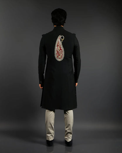 Black Embroidered Achkan Sherwani