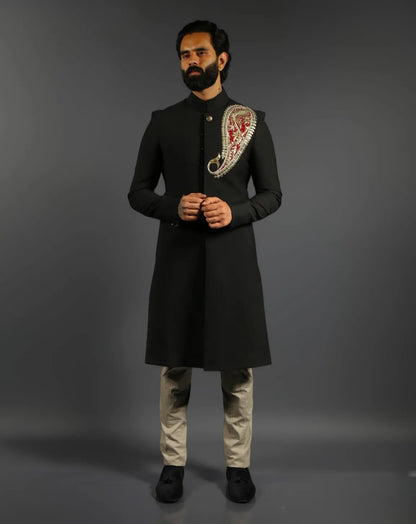 Black Embroidered Achkan Sherwani