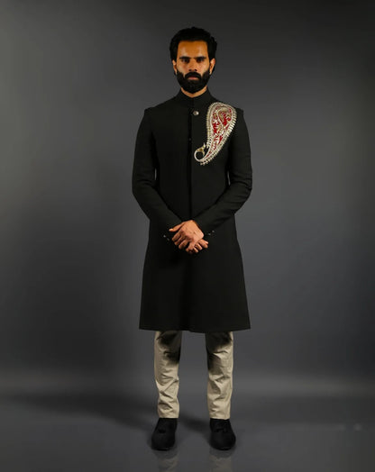 Black Embroidered Achkan Sherwani