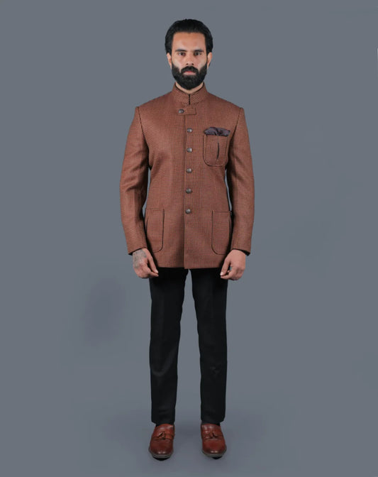 Textured Brown Bandhgala Suit