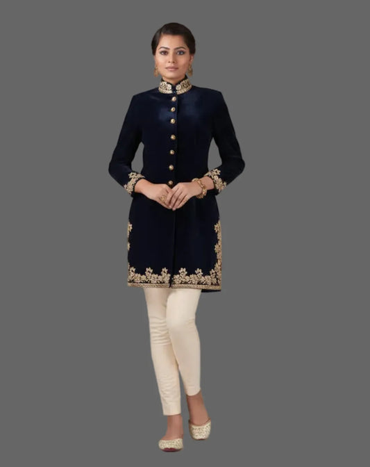 Navy Blue Embroidered Velvet Sherwani