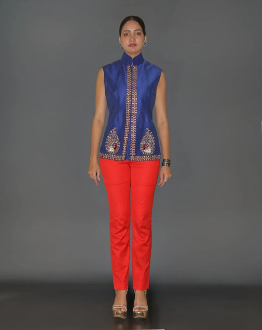 Royal Blue Embroidered Nehru Jacket