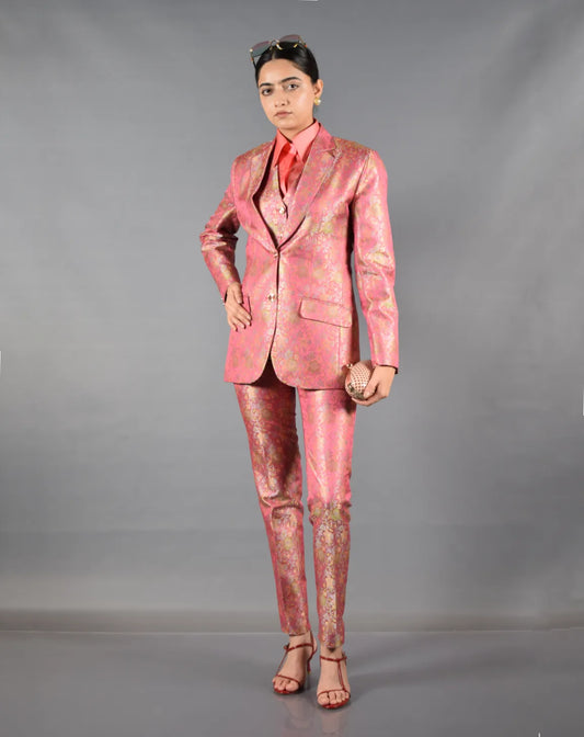 Pink Floral Brocade Three Piece Suit