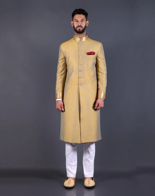 Men Golden Embroidered Wedding Sherwani