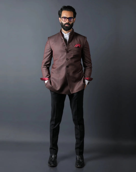 Men Brown Textured Bandhgala