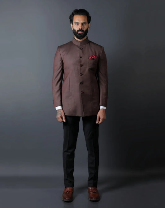 Men Brown Textured Bandhgala