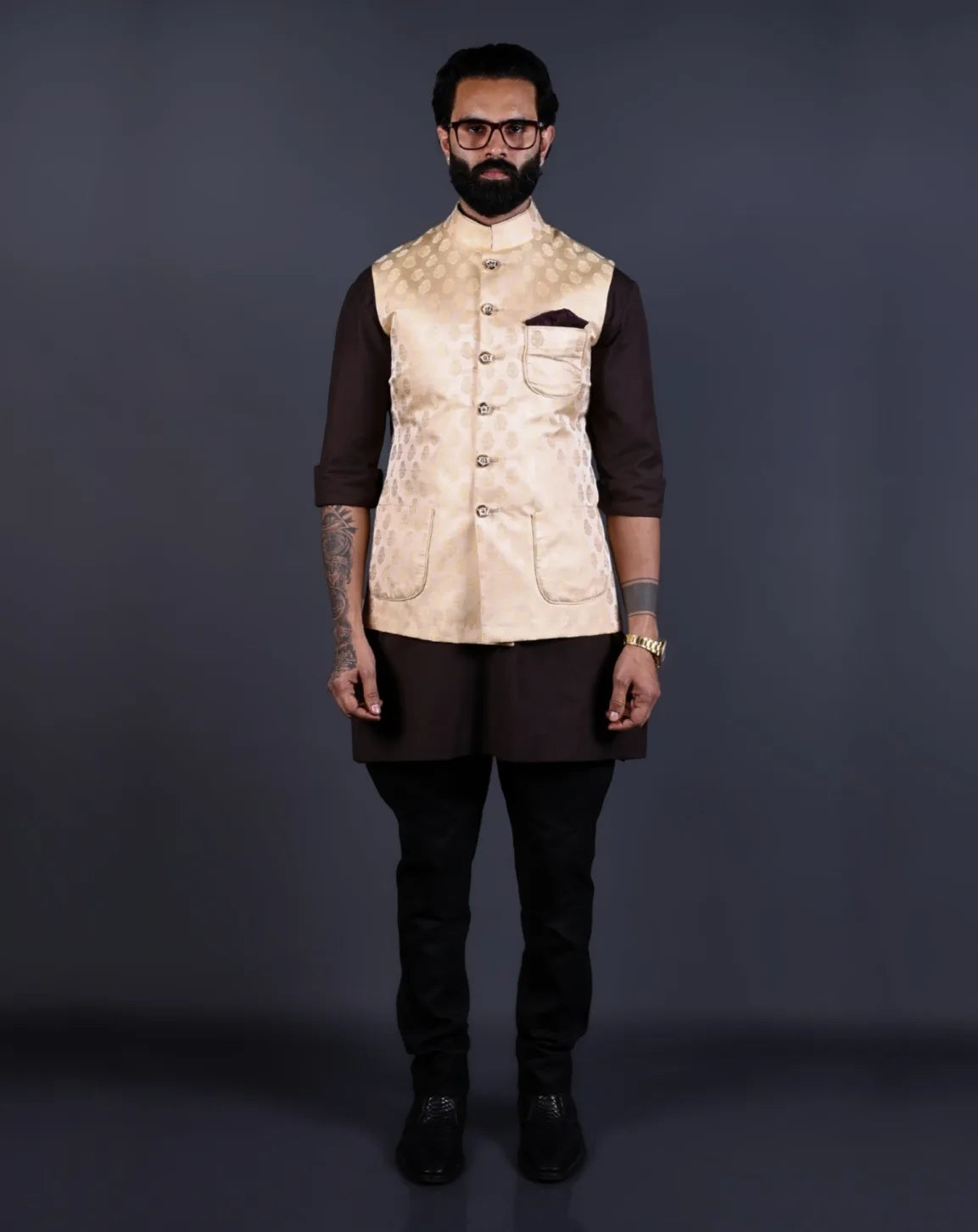 Cream Jacquard Nehru Jacket