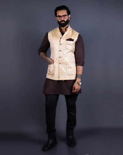 Cream Jacquard Nehru Jacket