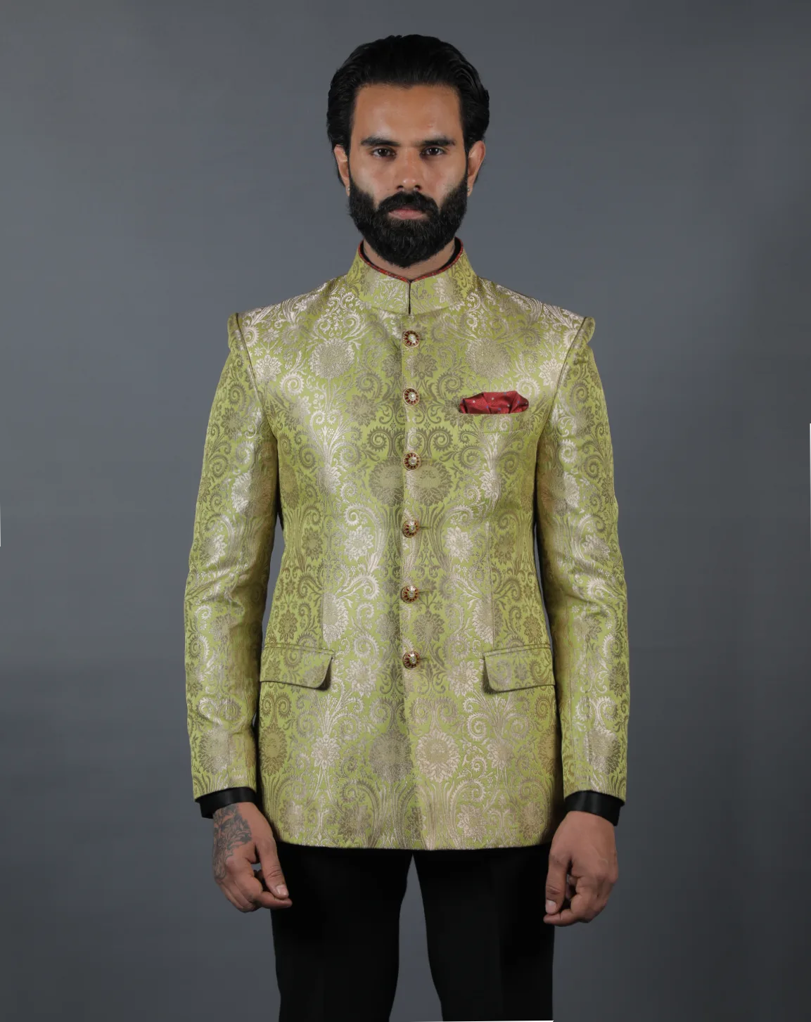 Lime Green Brocade Bandhgala Set
