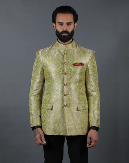 Lime Green Brocade Bandhgala Set