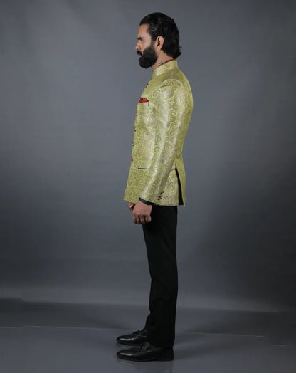 Lime Green Brocade Bandhgala Set