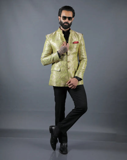 Lime Green Brocade Bandhgala Set