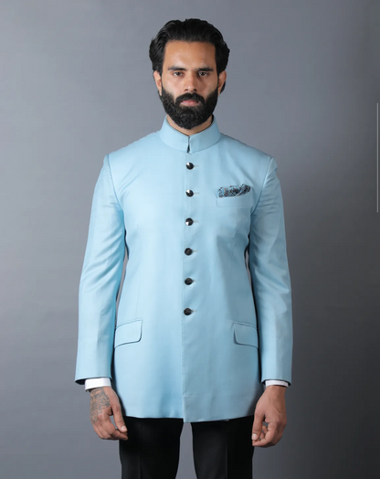 Sky Blue Terry Wool Bandhgala Set