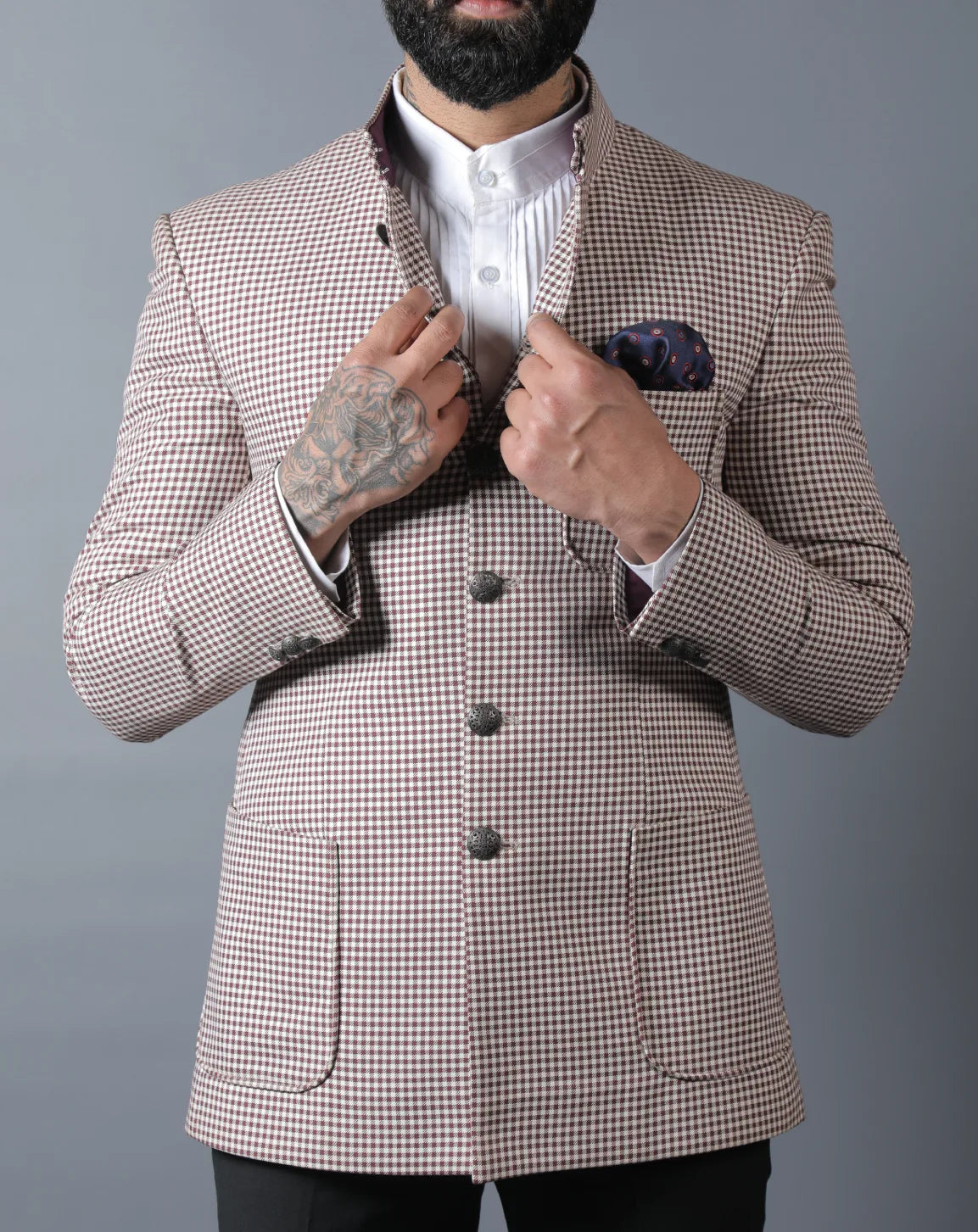 Beige Micro-Check Bandhgala Set