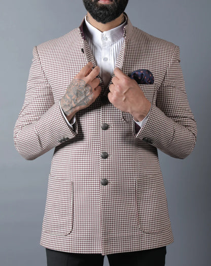 Beige Micro-Check Bandhgala Set