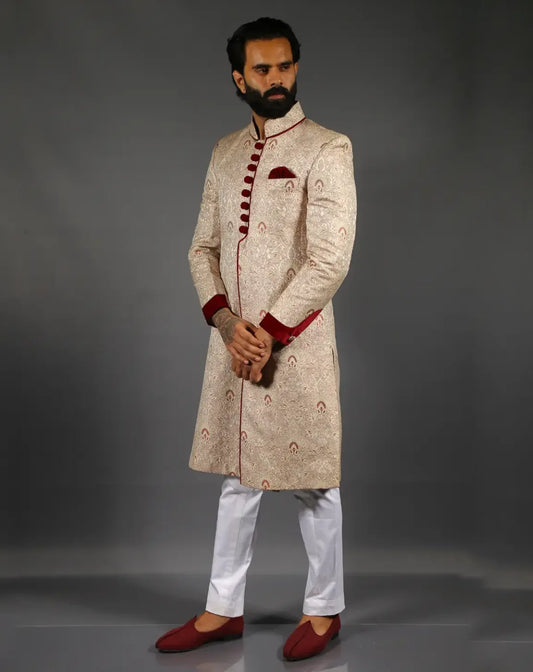 Cream & Maroon Brocade Sherwani Set